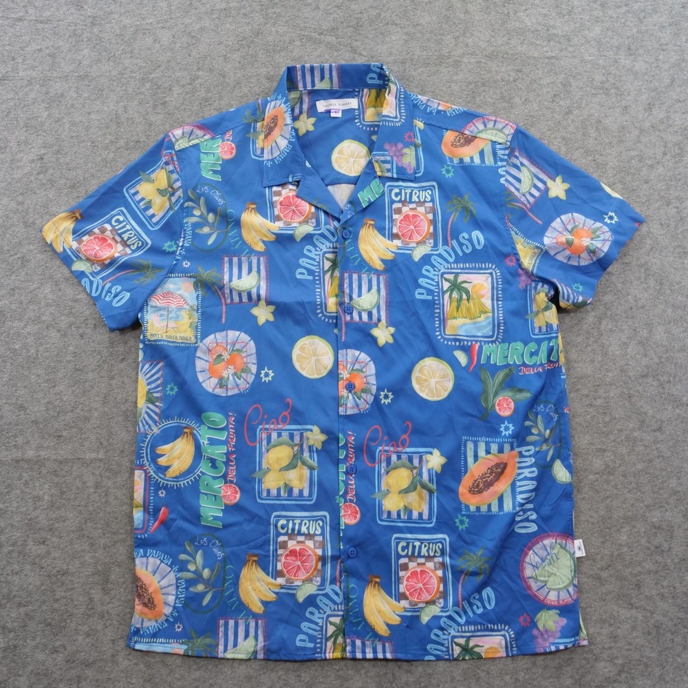 Vintage Summer Shirt Mens Large Blue Button Hawaiian Fruit Graphic Print New